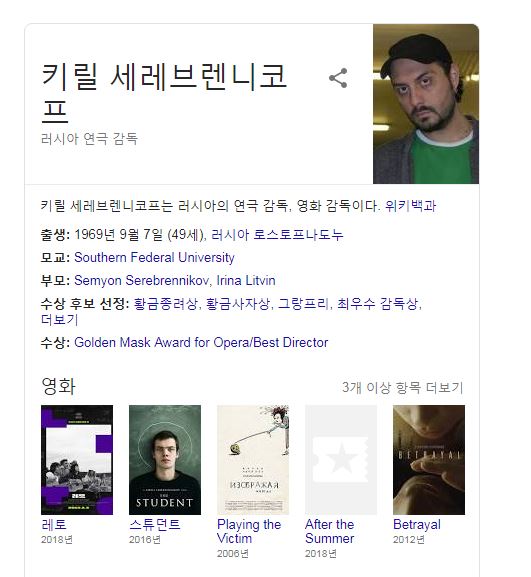  영화 '레토(Leto)'의 감독 세레브렌니코프 가택 연금