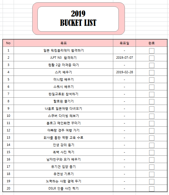  19년 버킷리스트 항목은 작성 완료! 하나씩 이뤄보자!!