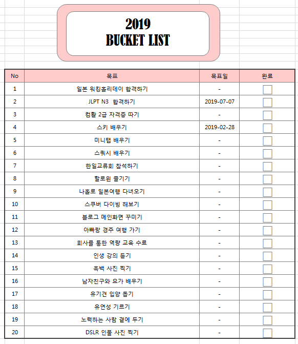 19년 버킷리스트 항목은 작성 완료! 하나씩 이뤄보자!!