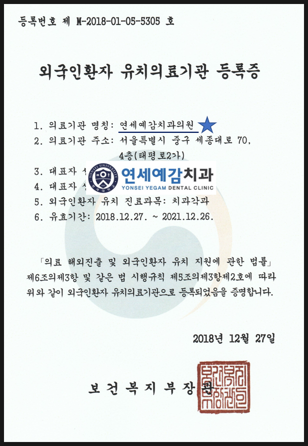  보건복지부인증 외국인환자 유치의료기관 <시청역 연세예감치과>