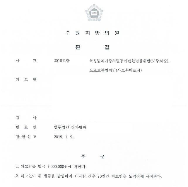  뺑소니(도주치상과 사고후미조치) 벌금형 받은 사건입니다.
