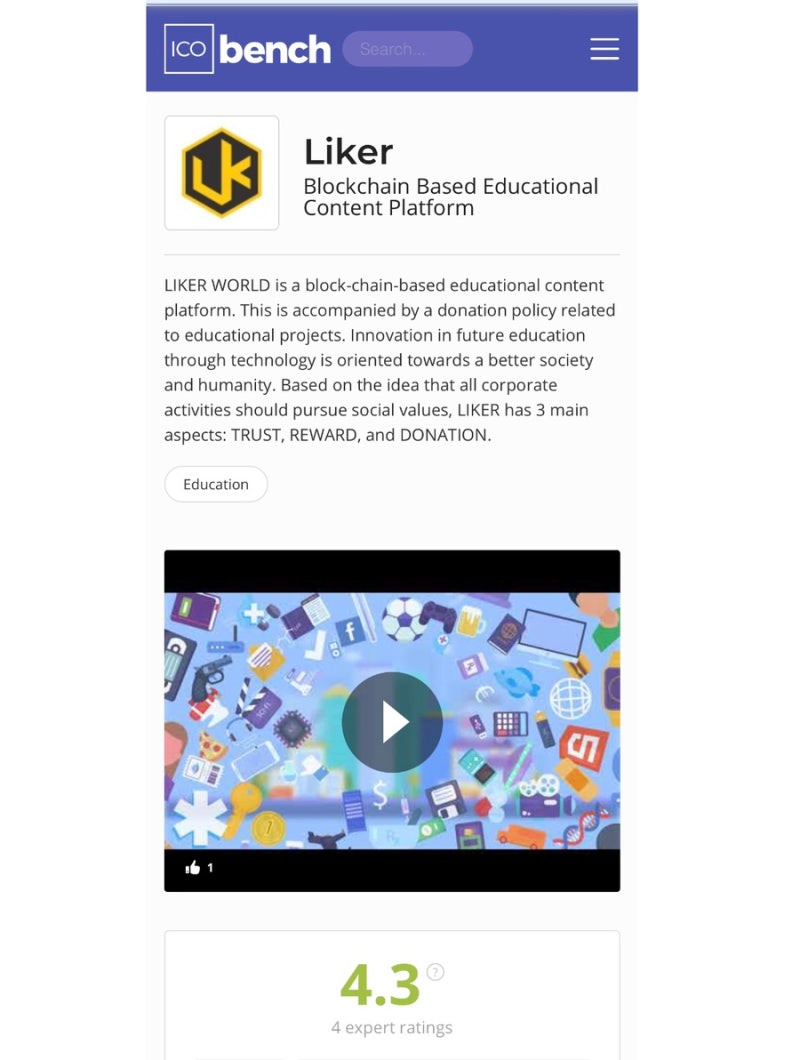 글로벌 코인 평가 업체인 Icobench 에서 평점 5점 만점 중 4.3을 받았다. 상위에 랭키되어 Liker-LK 코인에 대한 객관적  평가는 매우 중요한 자료이다. : 네이버 블로그