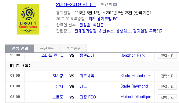 2019.01.20 리그앙(프랑스리그1) (스타드렌 vs 몽펠리에 SM캉 vs 마르세유 앙제 vs 낭트 보르도 vs 디종 생테티엔 vs 리옹)