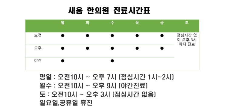 영통 새움한의원 진료시간 안내입니다. 영통 새움한의원 진료시간 안내입니다.