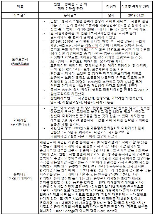  퓨처마킹노트(98) 핀란드 총리의 20년 미래전략
