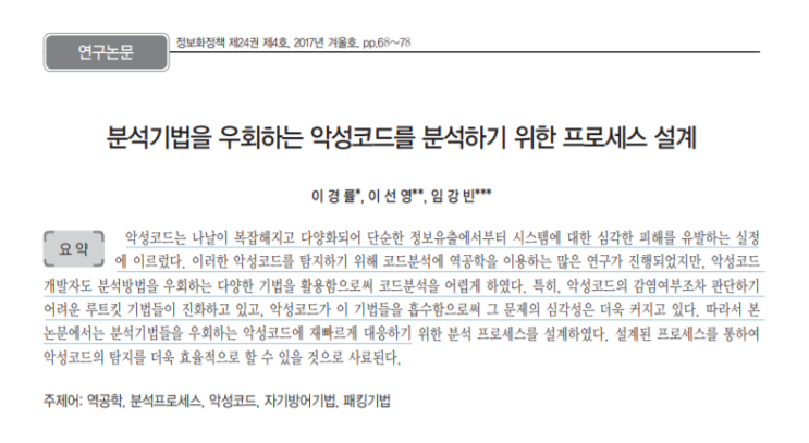  [한국정보화진흥원]분석기법을 우회하는 악성코드를 분석하기 위한 프로세스 설계