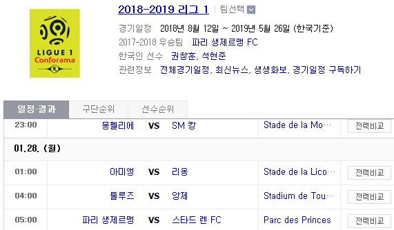 2019.01.27 리그앙(프랑스리그1) (몽펠리에 vs SM캉 아미앵 vs 리옹 툴루즈 vs 앙제 PSG vs 스타드렌)