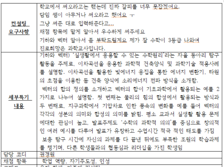 [수학세특-기하와벡터 세특] 기하와벡터 세특 예시,세특 쓰는 방법 , 수학 세부특기사항 쓰기