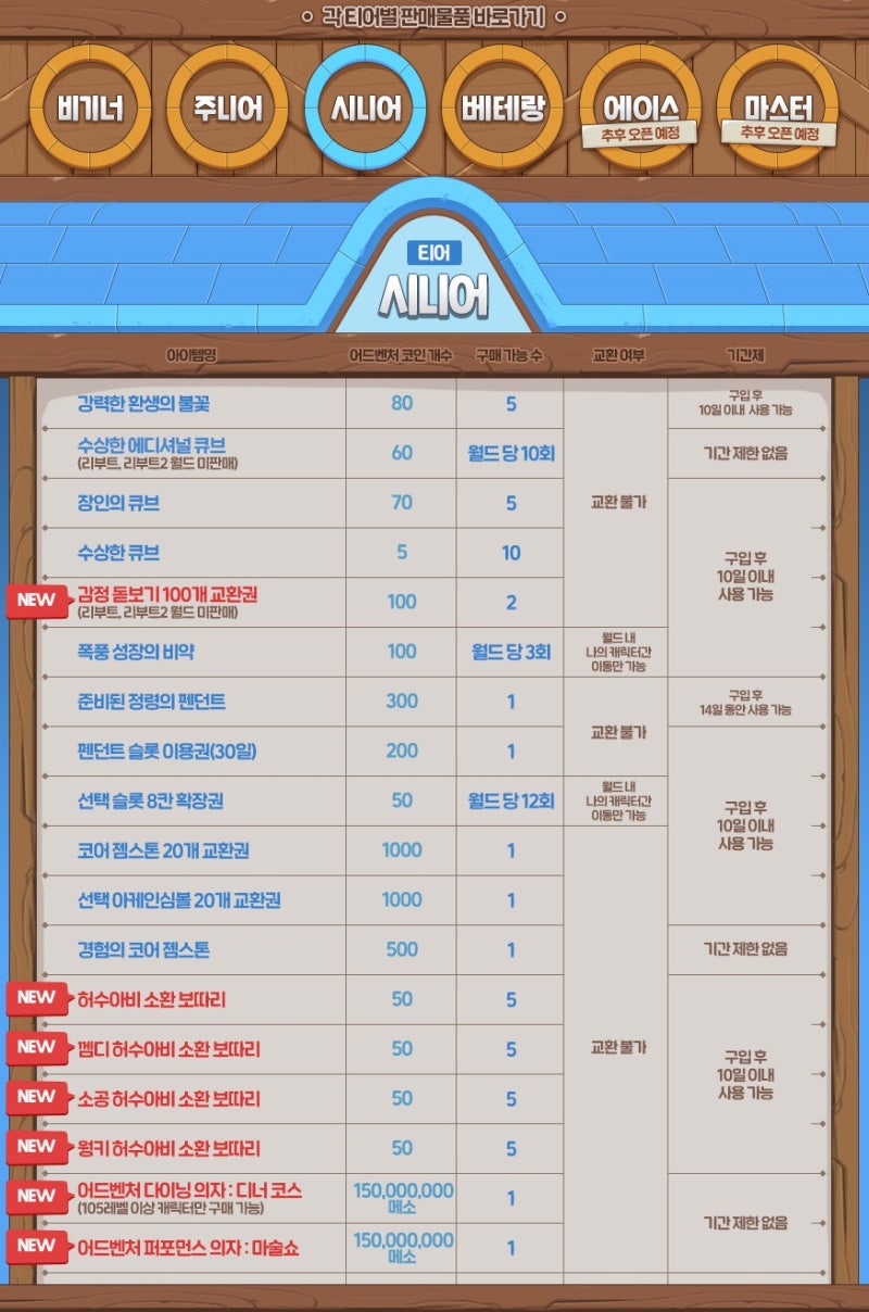 메이플스토리 - 이벤트] 블랙빈이 판매하는 어드벤처 코인샵 (비기너, 주니어, 시니어, 베테랑, 에이스, 마스터 등급)(수정) :  네이버 블로그