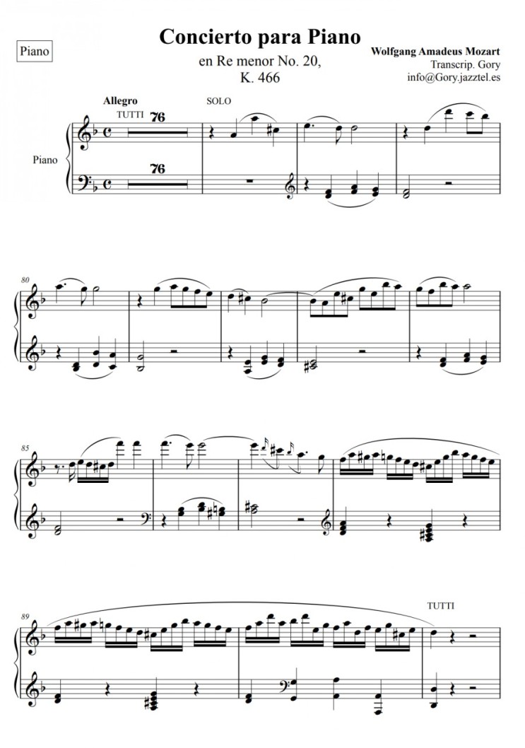 모차르트 대표곡 피아노 협주곡 20번 악보, 아름다운 피아노곡