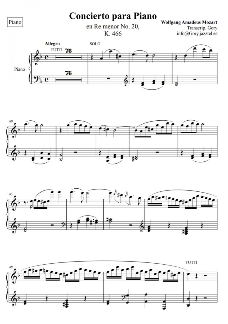 모차르트 대표곡 피아노 협주곡 20번 악보, 아름다운 피아노곡