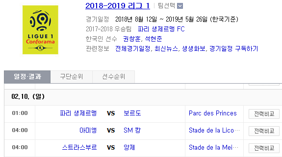 2019.02.09 리그앙(프랑스리그1) (PSG 보르도 | 아미앵 SM캉 | 스트라스부르 앙제)