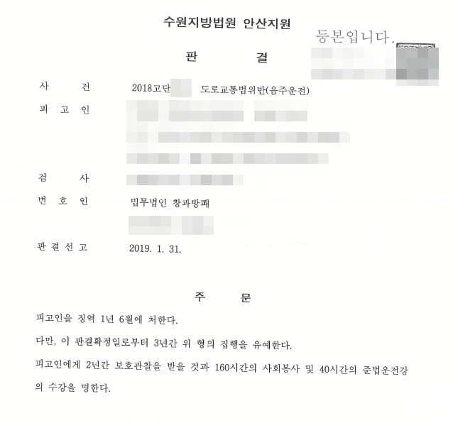  한시간에 음주운전 두번(총 음주5회,  무면허4회, 집행유예 전과 존재)집행유예 받은 사건입니다.