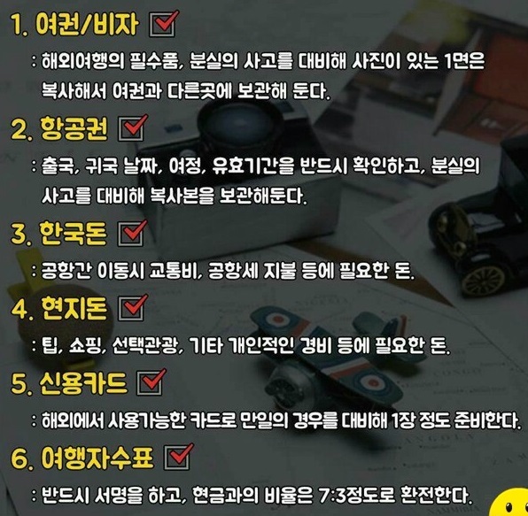  해외여행 준비물 체크리스트 보시고 준비 철저하게 하셔요