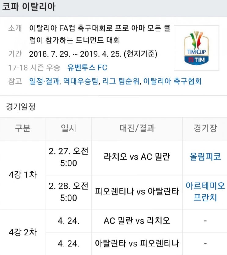 2019.02.26 이탈리아FA컵(코파이탈리아) 4강 1차전 (라치오 AC밀란)