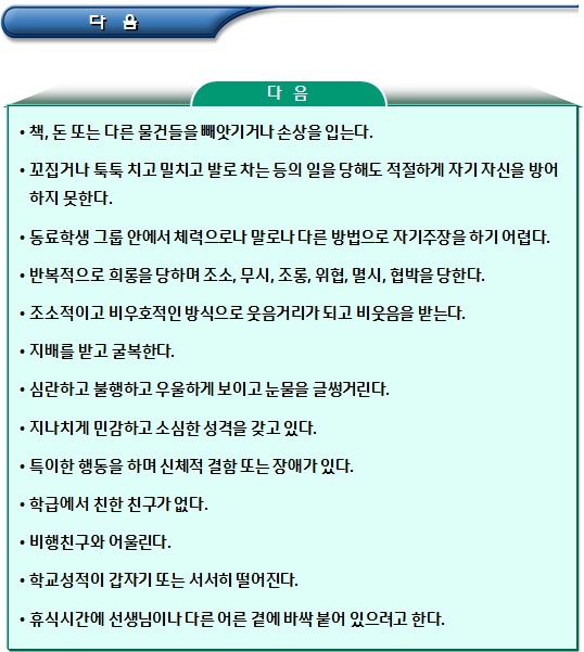 학교폭력 피해학생 징후 체크리스트 학교폭력 피해학생 징후 체크리스트