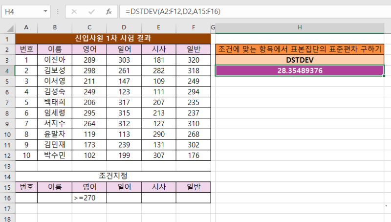 [엑셀] DSTDEV 함수 (조건을 만족하는 표본집단의 표준편차 구하기) : 네이버 블로그
