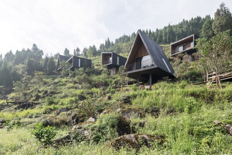 산기슭 경관건축 펜션 형태의 호텔 숲속의 집 숲속 오두막집 건축