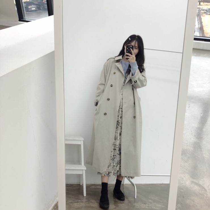  2019. 3. 18 데일리룩  -  롱트렌치코트/메리어라운드 캐시미어니트/울니트/무드살롱 플라워 롱원피스/플라워원피스/소보제화 리본 발레리나 플랫/소보제화 리본플랫 블랙/소보제화 리본플랫 