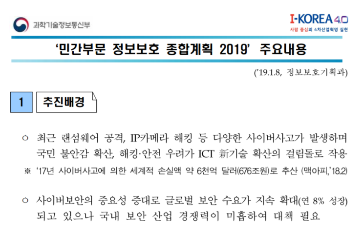  [과학기술정보통신부]「민간부문 정보보호 종합계획 2019」발표