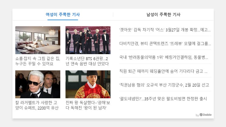  데이블, 남녀에 따라 인기 콘텐츠를 추천하는 ‘성별 인기’ 위젯 출시