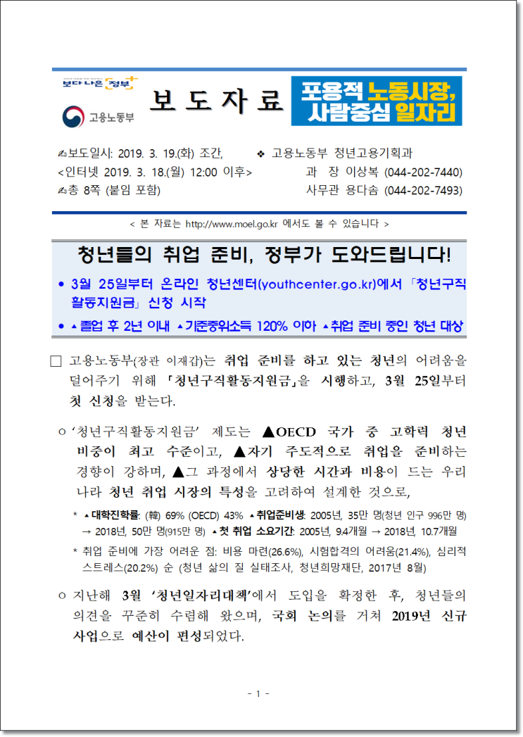  청년구직활동지원금 3월 25일부터 온라인 청년센터에서 신청 가능