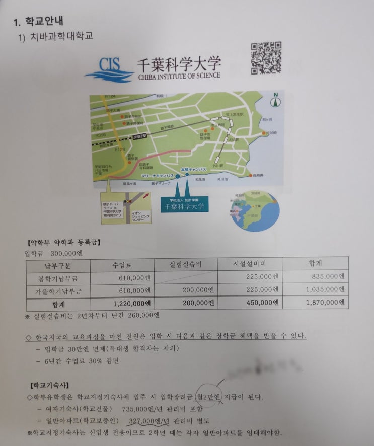  일본 사립 약대 학비/기숙사비는 얼마? - 치바 과학대학교