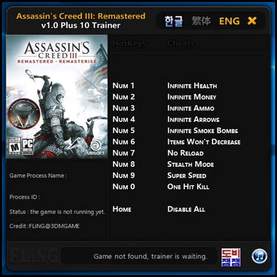  어쌔신 크리드 3 리마스터 트레이너 +10 v1.0 (Assassins Creed 3 Remastered v1.0 +10 Trainer)