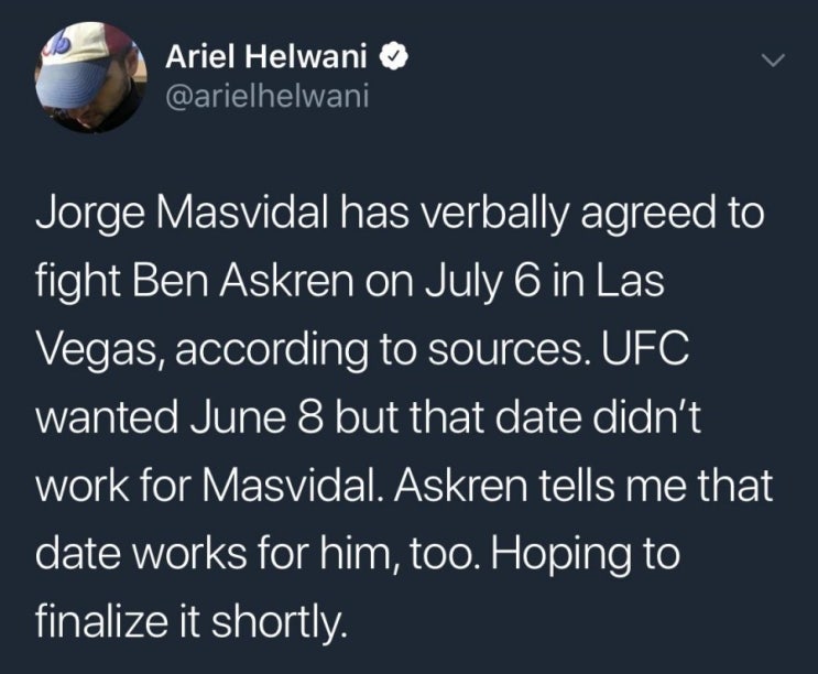 UFC 239 마스비달 vs 벤 아스크렌 추진 중 UFC 239 마스비달 vs 벤 아스크렌 추진 중