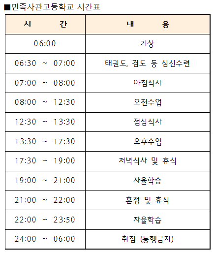  민족사관고등학교 시간표