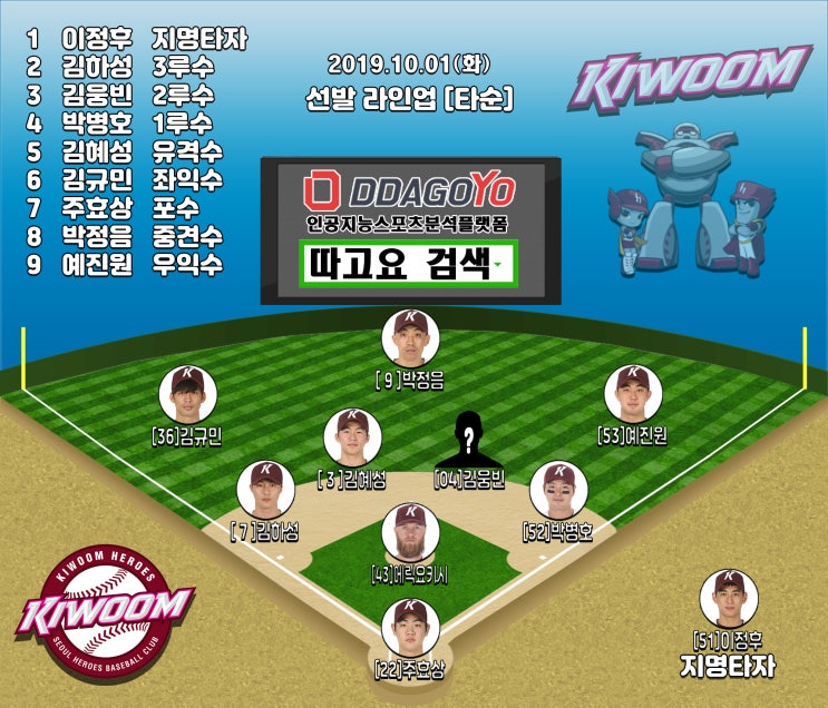  2019년 10월 1일 KBO 한국야구 키움 히어로즈 엔트리 선발정보 및 경기일정
