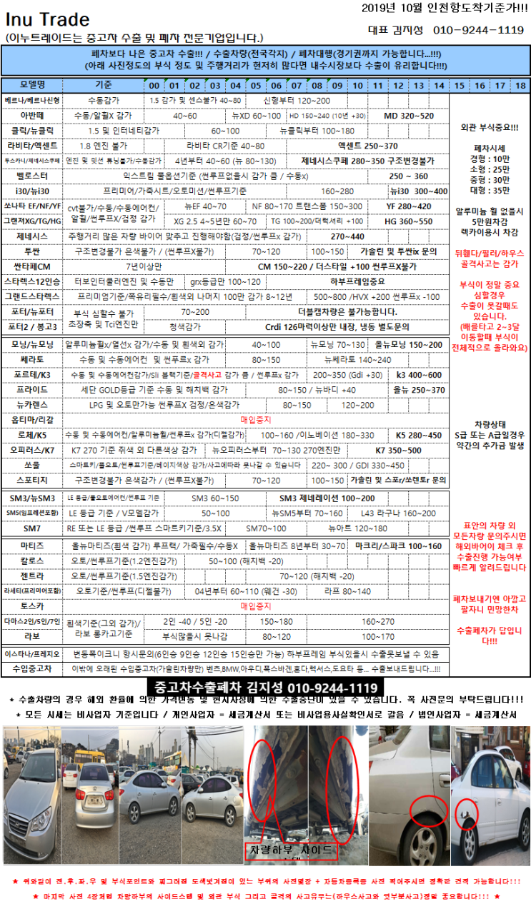  <2019년 10월 중고차 수출 폐차단가표>중고차 수출/폐차 시세표