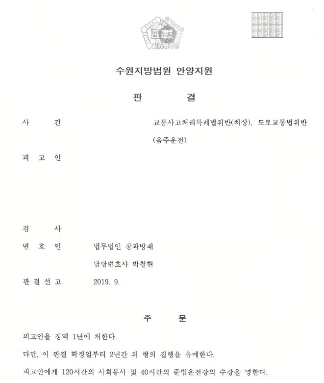  교통사고처리특례법위반(치상)및음주3회째 집행유예 선고