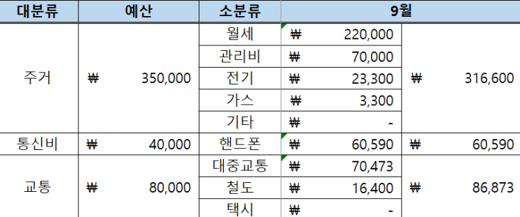  1인가구 직장인 가계부. 9월 정산