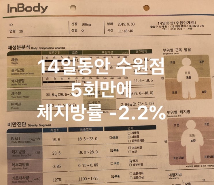  [14일동안수원]5회차만에 체지방률 변화(25.7-> 23.5)+두꺼운 허벅지 실종