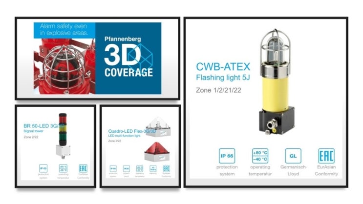 독일 시그널링 디바이스 전문업체인 "판넨베그" 의 zone1, 2, 21, 22 방폭등과 콰드로 IP66 경관 조명등을 소개합니다.