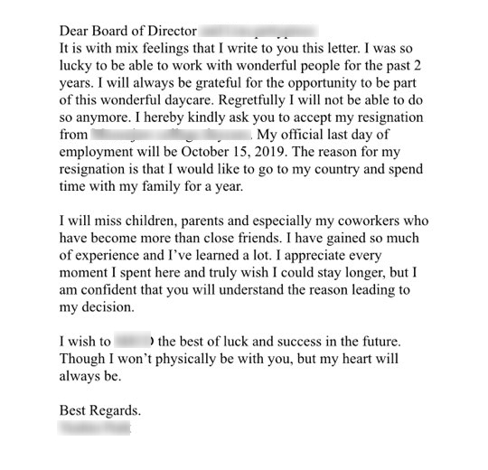 [캐나다ece] resignation letter (캐나다 사직서)를 제출하다.