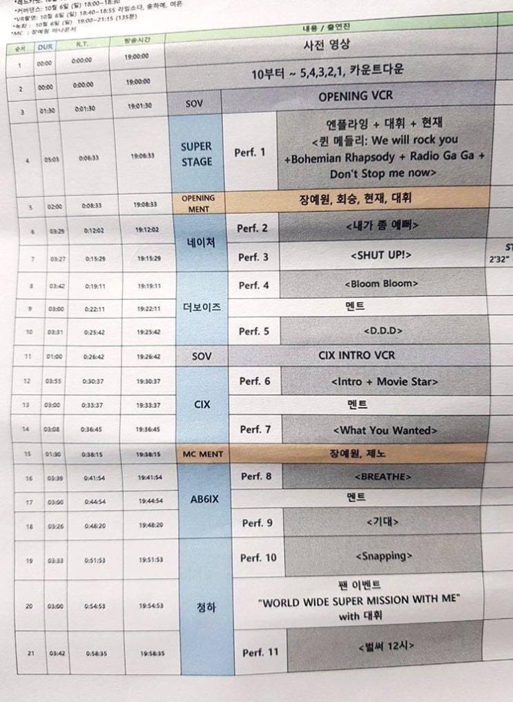 sbs 슈퍼콘서트 인천 공연 순서 (큐시트)