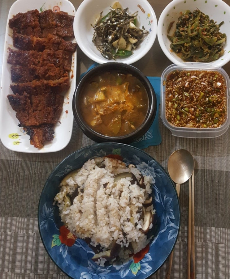  [2019.10.07]아침밥상/가지밥/멸치볶음/호박잎된장무침/황태구이/된장찌개
