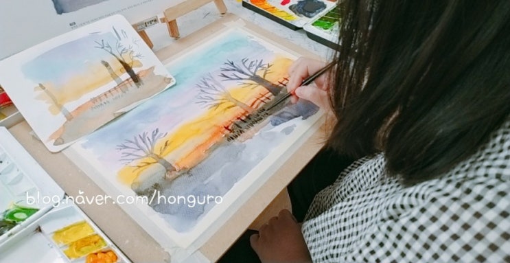  [신도림성인취미미술 / 신도림직장인미술/ 토요일 오전반] 번지기를 이용한 풍경 수채화 :: 기초수채화