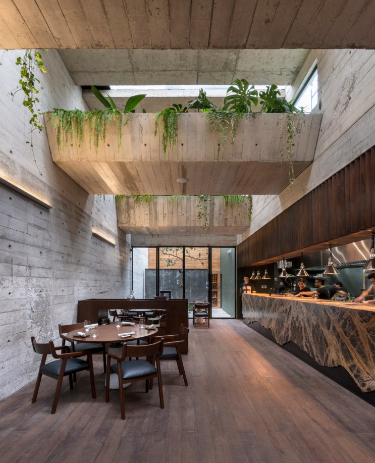  리마의 Statera Restaurant에서 녹지가 짙은 콘크리트 빔에 쏟아져