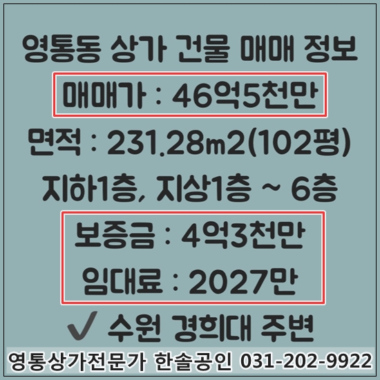  수원 영통 상가건물 오피스텔 통 매매 수익률 5.7% 투자하기 좋은곳