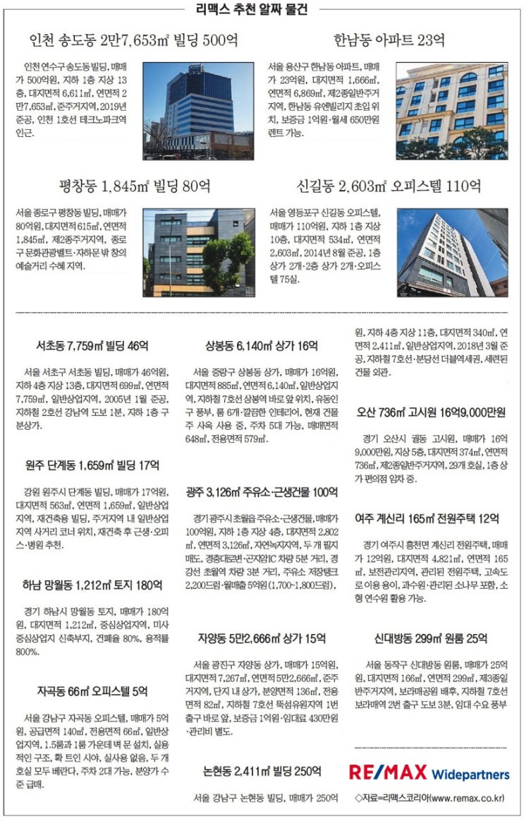  RE/MAX 리맥스 서울경제신문 부동산 매매물건 추천 (2019.10.07)