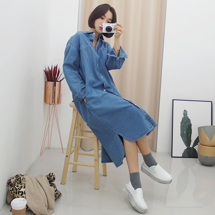 갠소 데님트임셔츠롱원피스