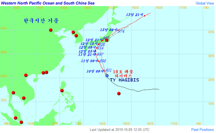 2019.10.9  제19호 슈퍼태풍 하기비스 운동에너지는 2013년 슈퍼태풍 하이옌을 능가, 예상 경로와 날씨