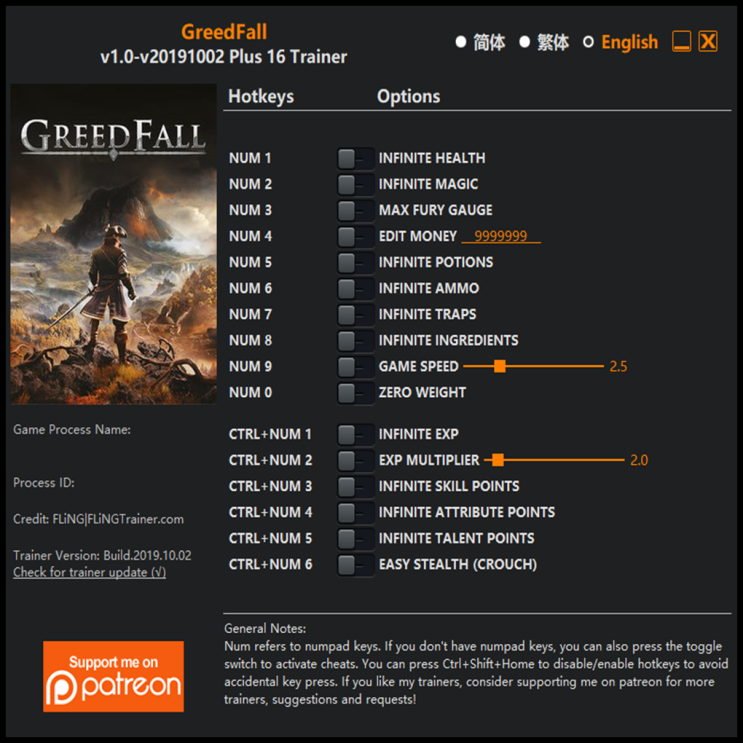  191002 그리드폴 트레이너 (GreedFall Trainer v1.0-v20191002 +16)