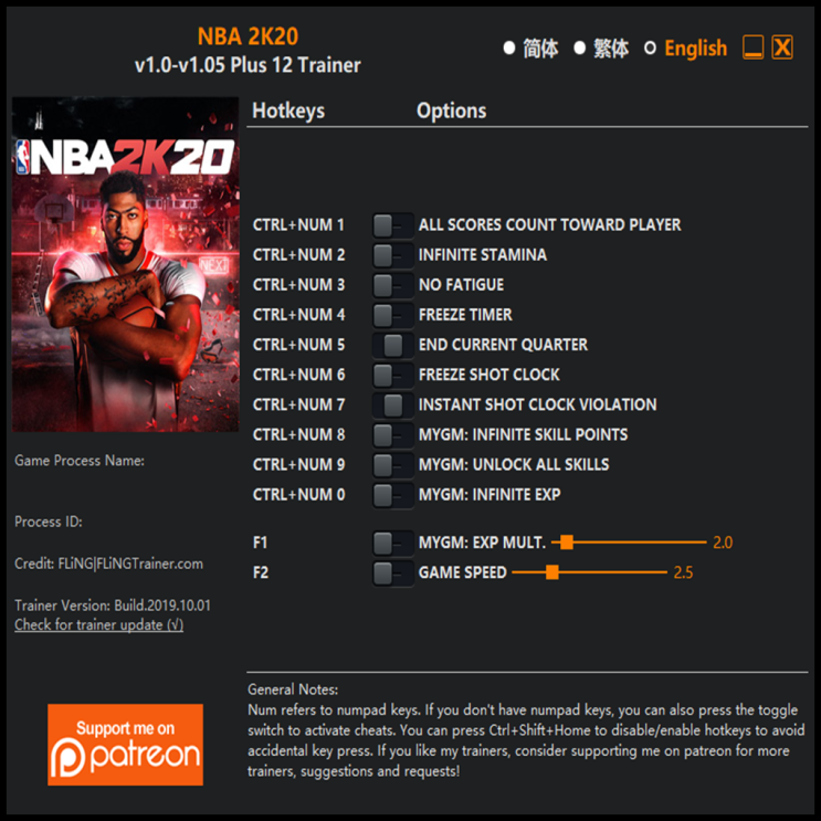  101002 NBA 2K20 트레이너 (NBA 2K20 Trainer v1.0-v1.05 +12)3DM