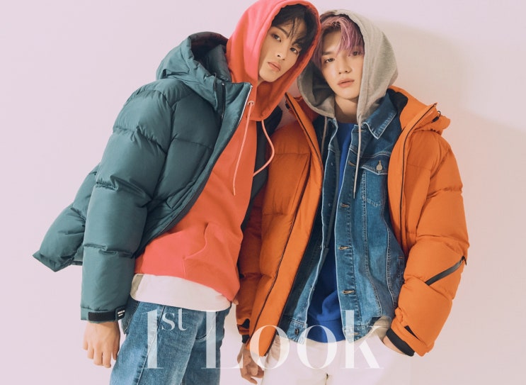 남성 후리스, 패딩 / 겨울 아우터 브랜드 추천 게스 퍼스트룩 NCT 127 태용, 마크 화보 스타일 굿!!