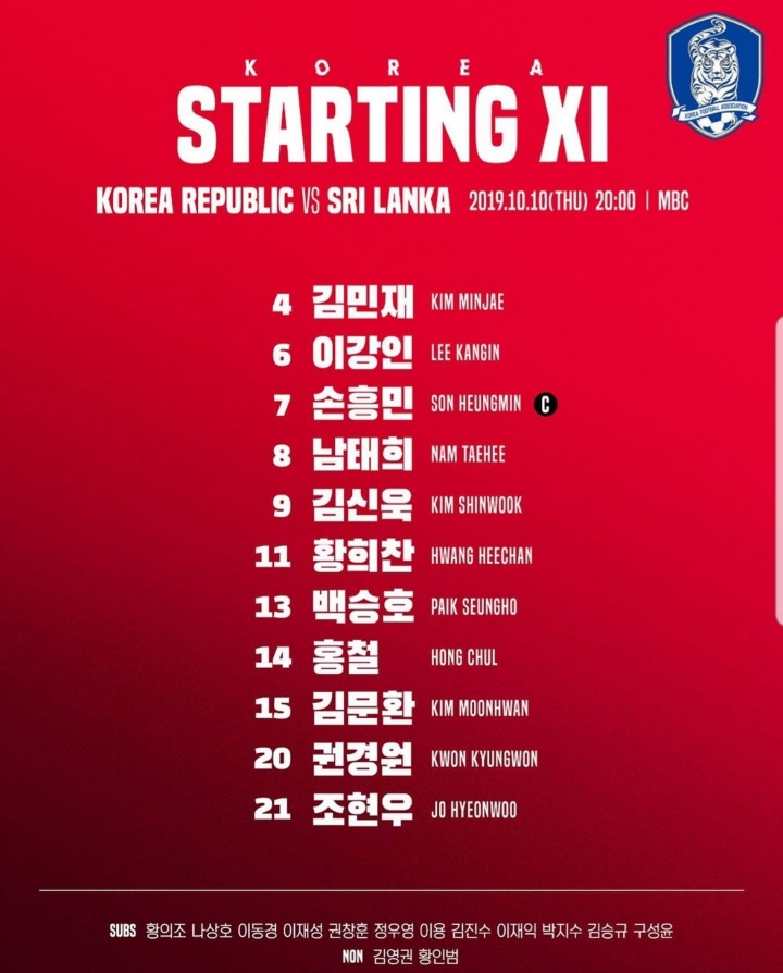  대한민국 축구국가대표팀 vs 스리랑카 - 선발 라인업 손흥민, 이강인, 백승호, 조현우, 김신욱, 황희찬 등 선발