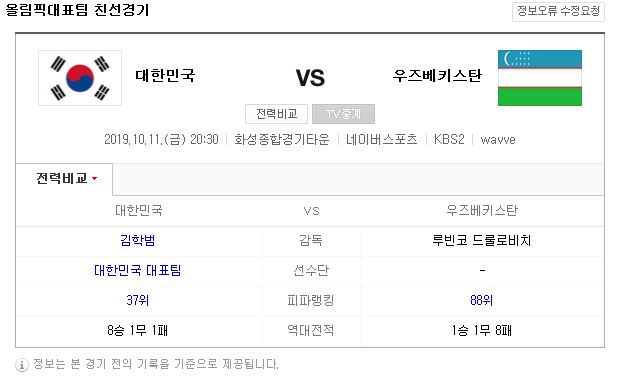  2019년 10월 11일 금요일 저녁 8시 30분 한국 VS 우즈베키스탄